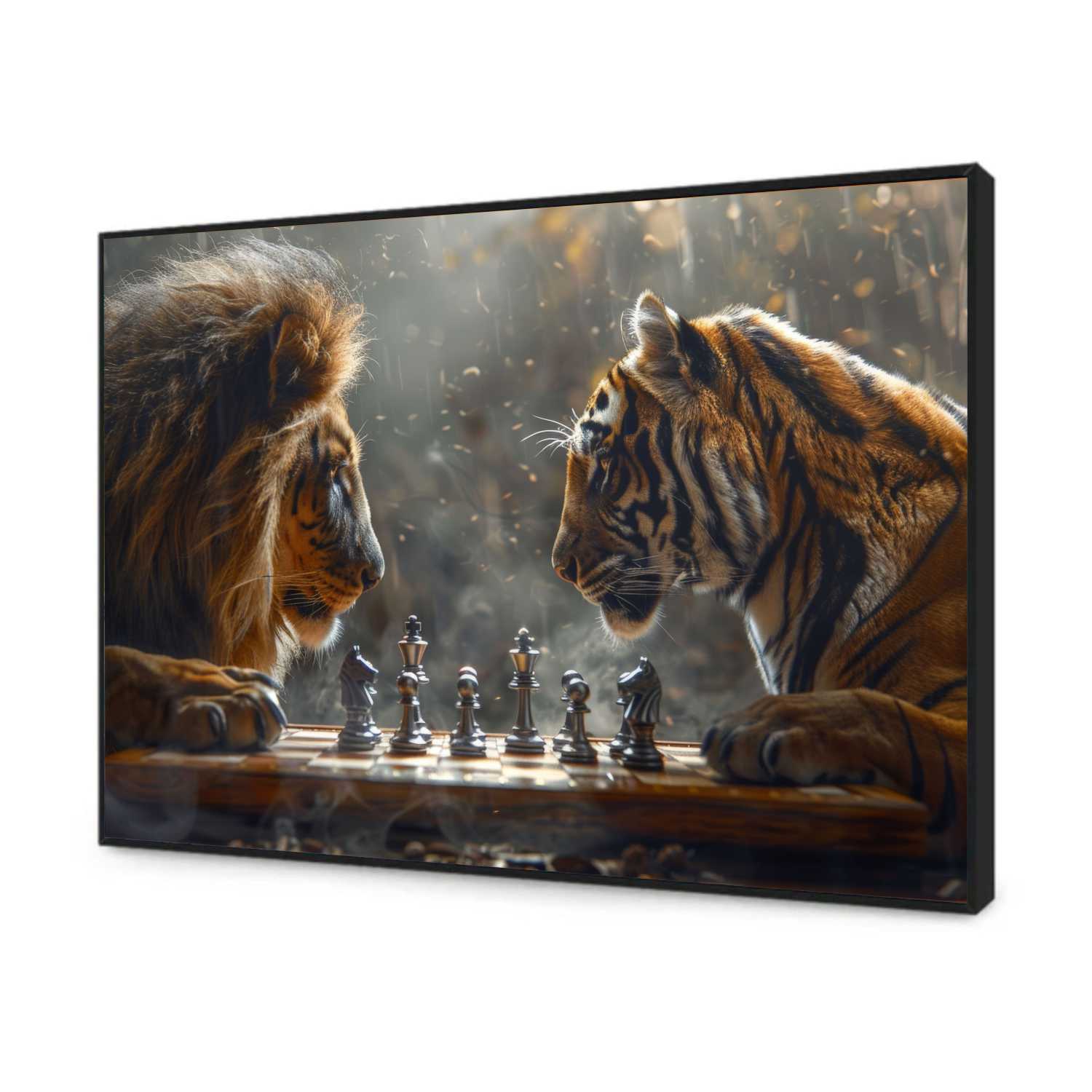 Quadro Decorativo Leão vs Tigre Jogando Xadrez 
